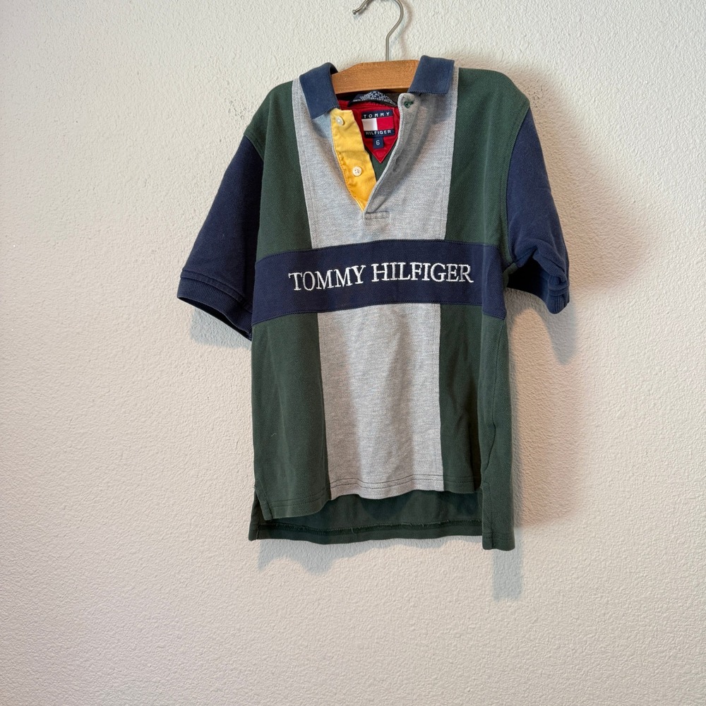Tommy Hilfiger Kids Colorblock Polo Shirt Green Navy Grey Yellow Size 6